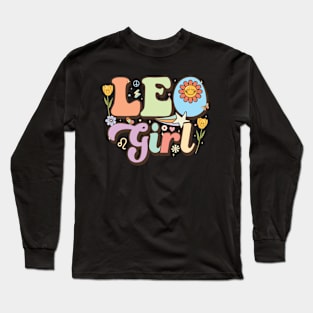 Retro groovy leo girl Leo Zodiac Sign astrology July August Birthday Leo Long Sleeve T-Shirt